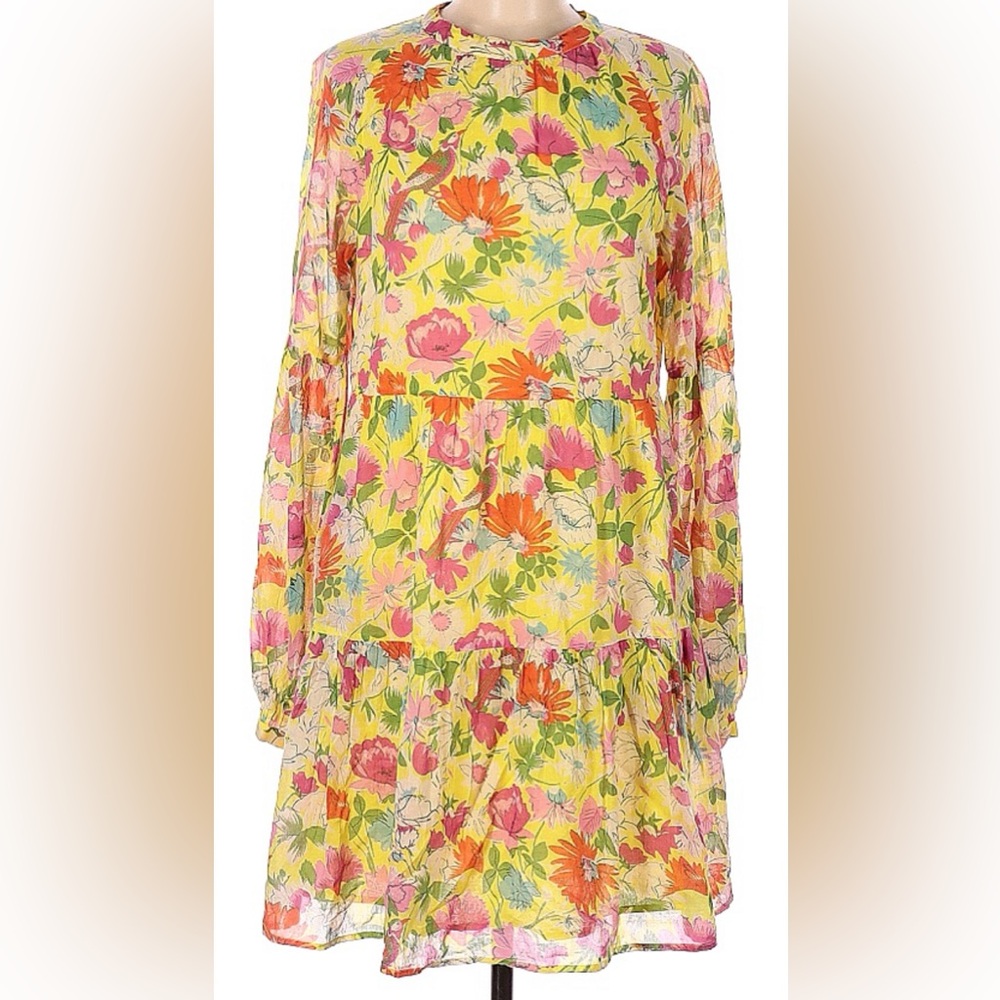 EUC Banjanan Size Medium Yellow Floral Tiered Dress Made in India